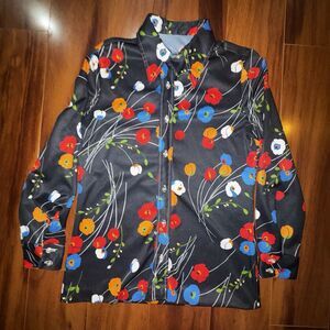 Vintage 70s Floral Snap Button Shirt Black Psychedelic Retro Medium Blouse Top